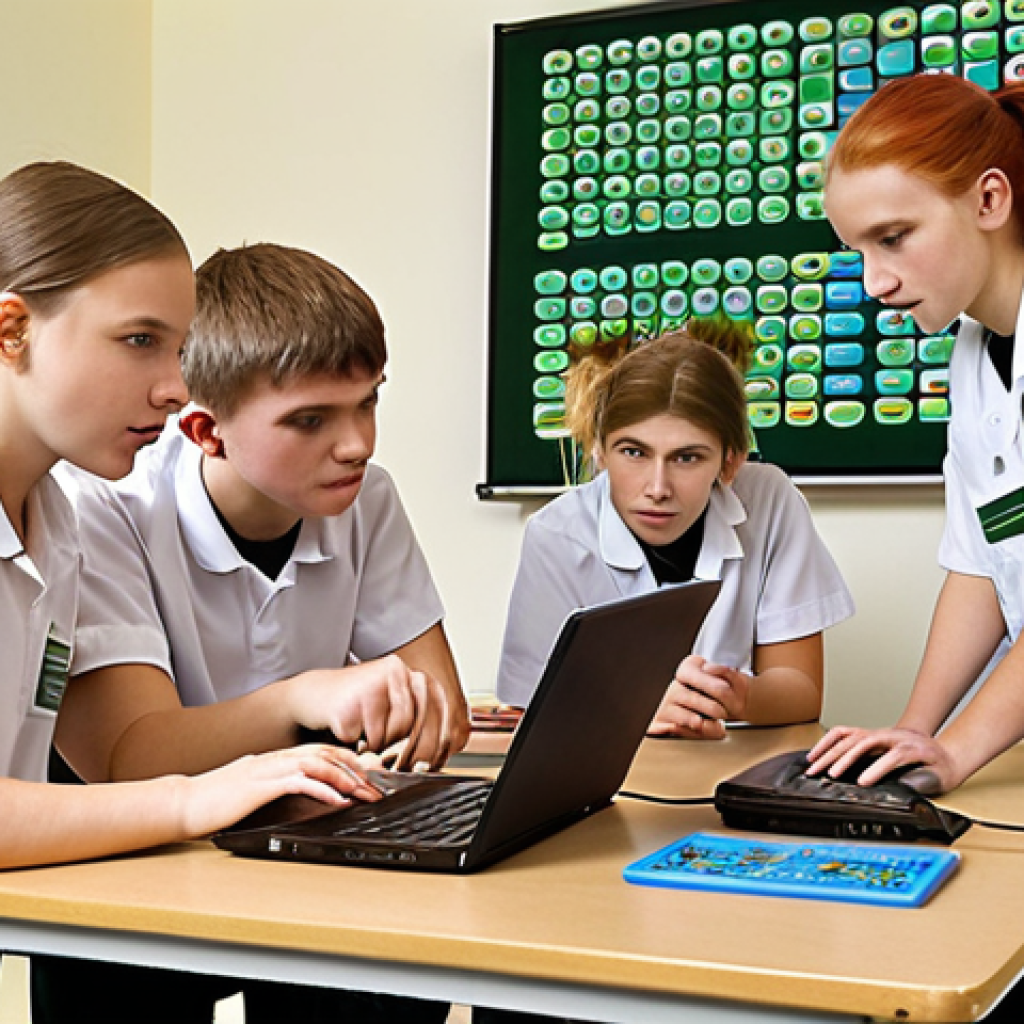 **A group of Polish high school students collaborating on a biology project, using laptops and presenting a cohesive ecosystem display. The scene should convey teamwork, communication, and shared responsibility for the project's success.**