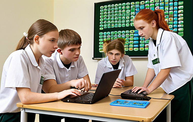 **A group of Polish high school students collaborating on a biology project, using laptops and presenting a cohesive ecosystem display. The scene should convey teamwork, communication, and shared responsibility for the project's success.**